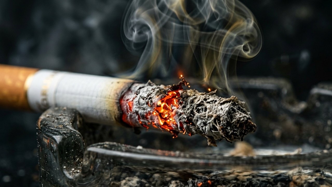 Detalhe macro da brasa e da textura porosa das cinzas do cigarro.