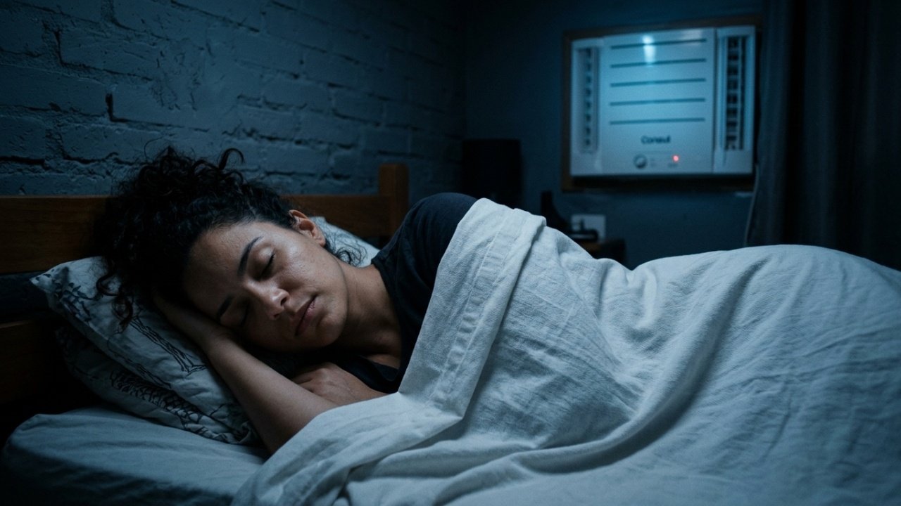Mulher dormindo profundamente em um quarto escuro e fresco.