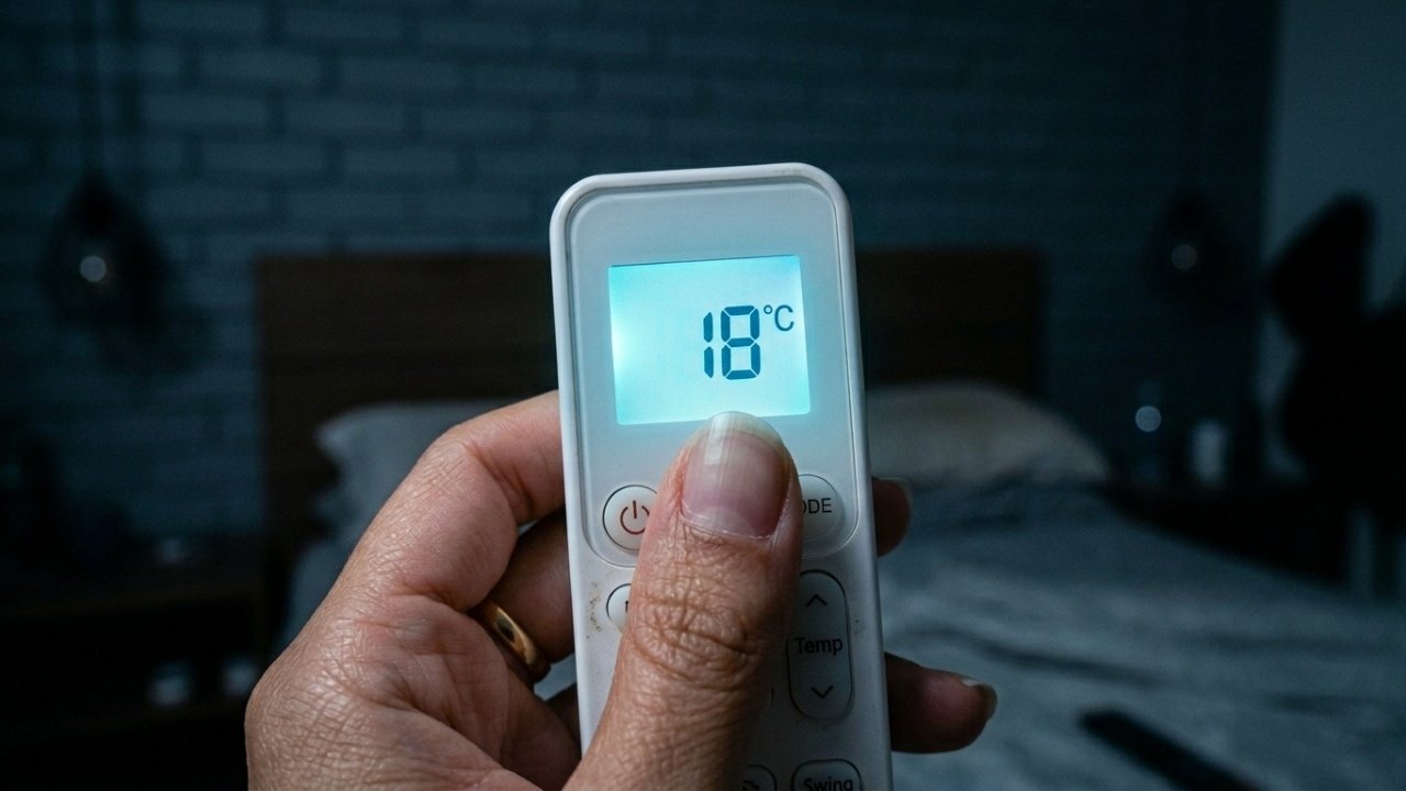 Detalhe de controle remoto de ar-condicionado marcando 18°C.