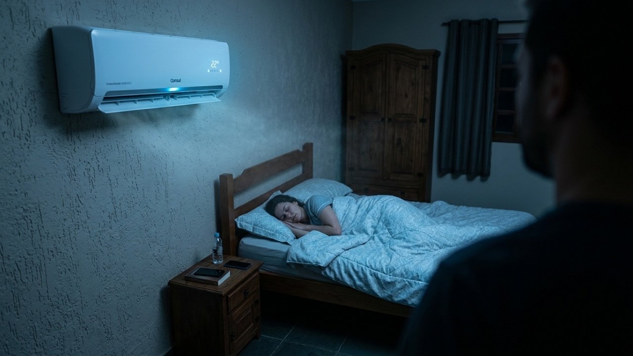 Quarto refrigerado com ar-condicionado ligado durante a madrugada.