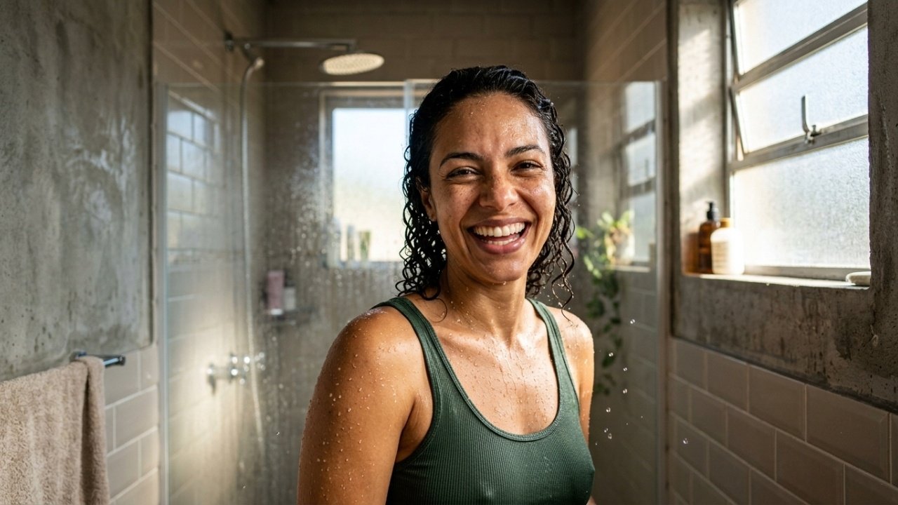 Mulher brasileira com pele radiante e molhada sob luz natural.