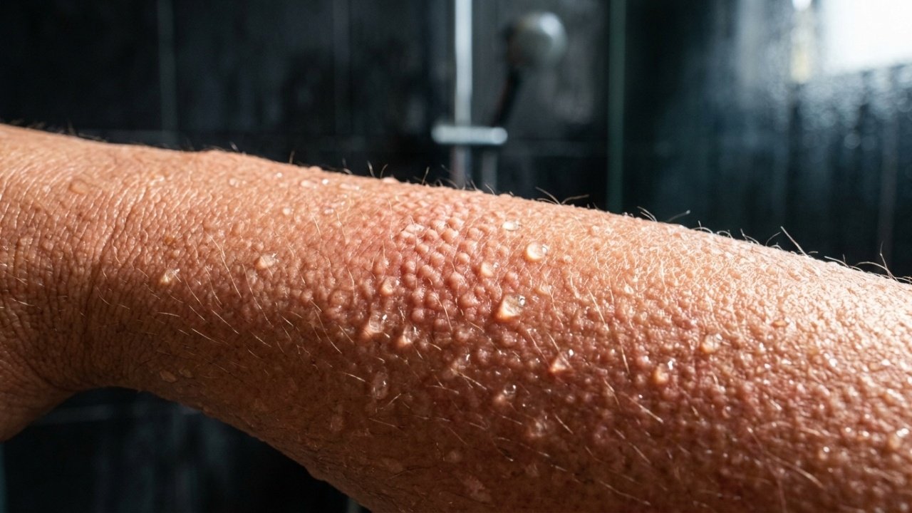 Close macro de gotas d'água e arrepios na pele em detalhe.