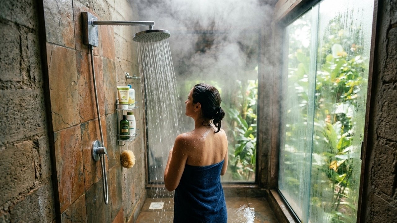 Visão panorâmica de banho com vapor e luz natural intensa.