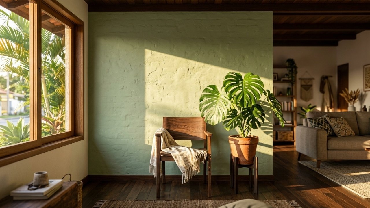 Sala de estar brasileira com parede Verde Sálvia sob luz solar.