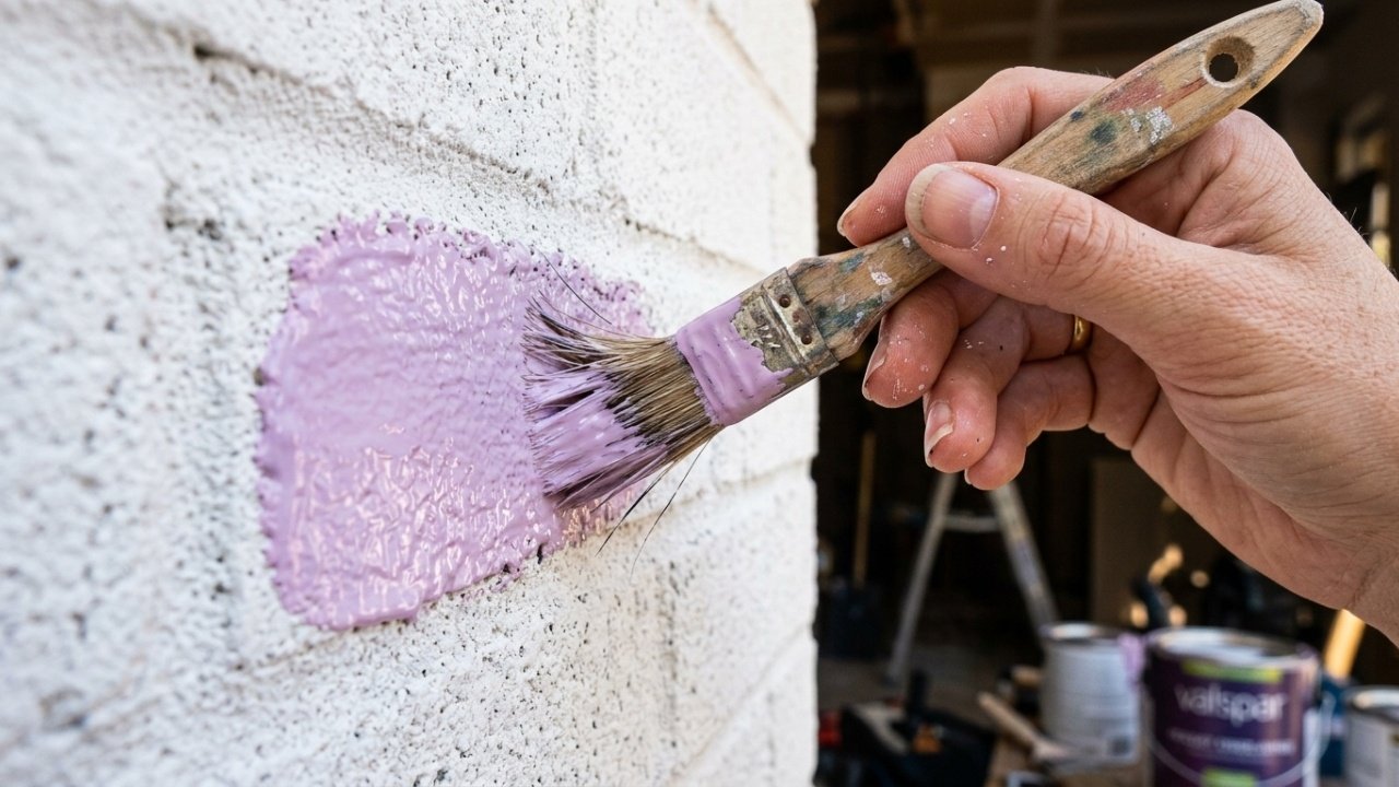 Close macro de mão pintando parede com tom Lilás suave.