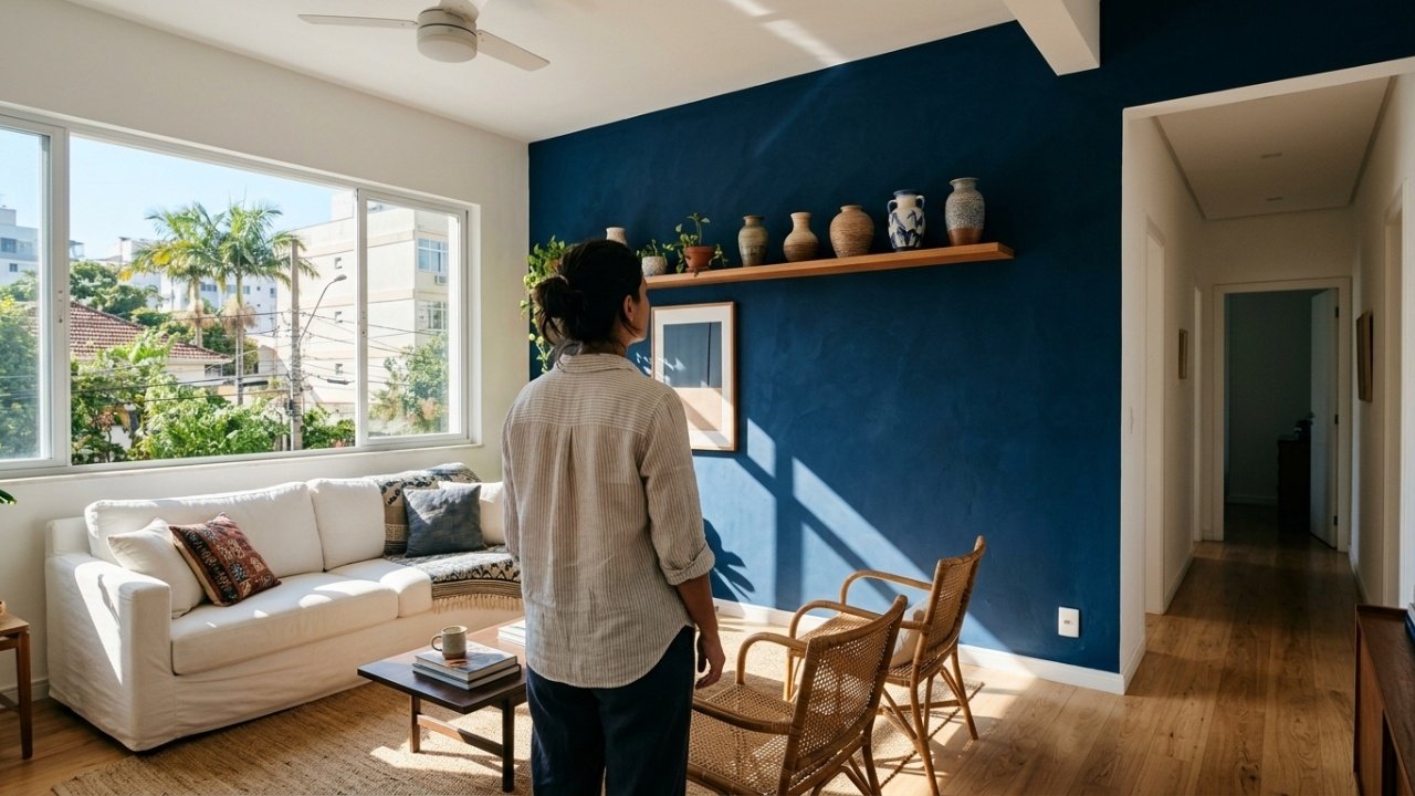 Visão lateral de parede Azul Marinho em sala bem iluminada.