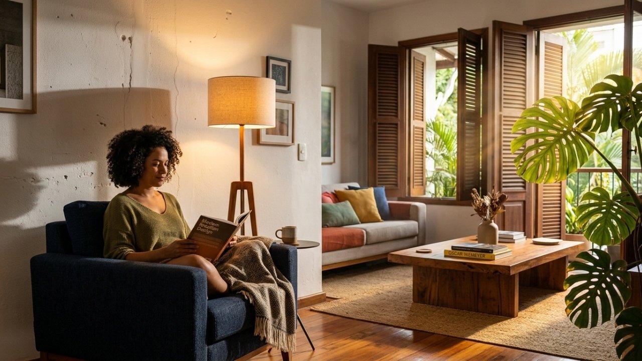 Sala brasileira com iluminação acolhedora e luz solar natural.
