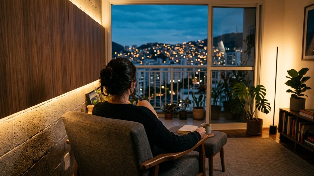 Iluminação periférica suave criando um ambiente íntimo na sala.