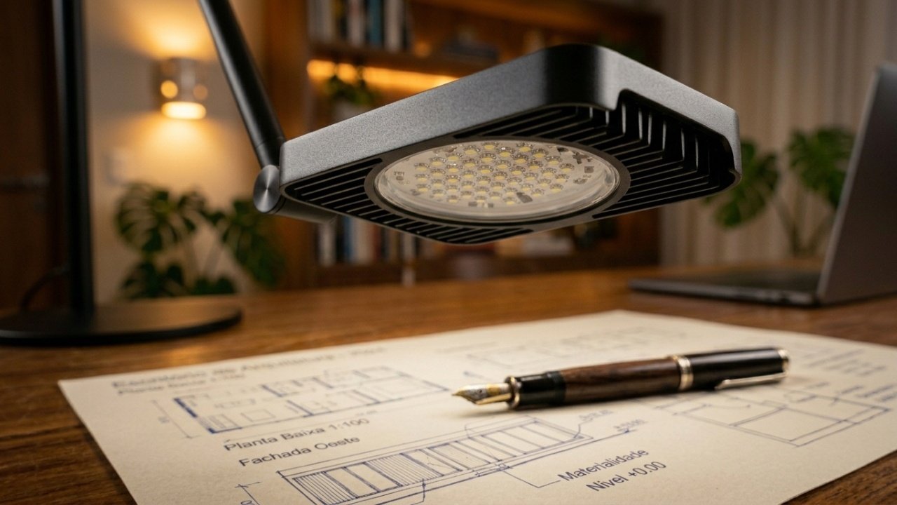 Detalhe macro de luminária com foco de luz neutra em mesa de trabalho.