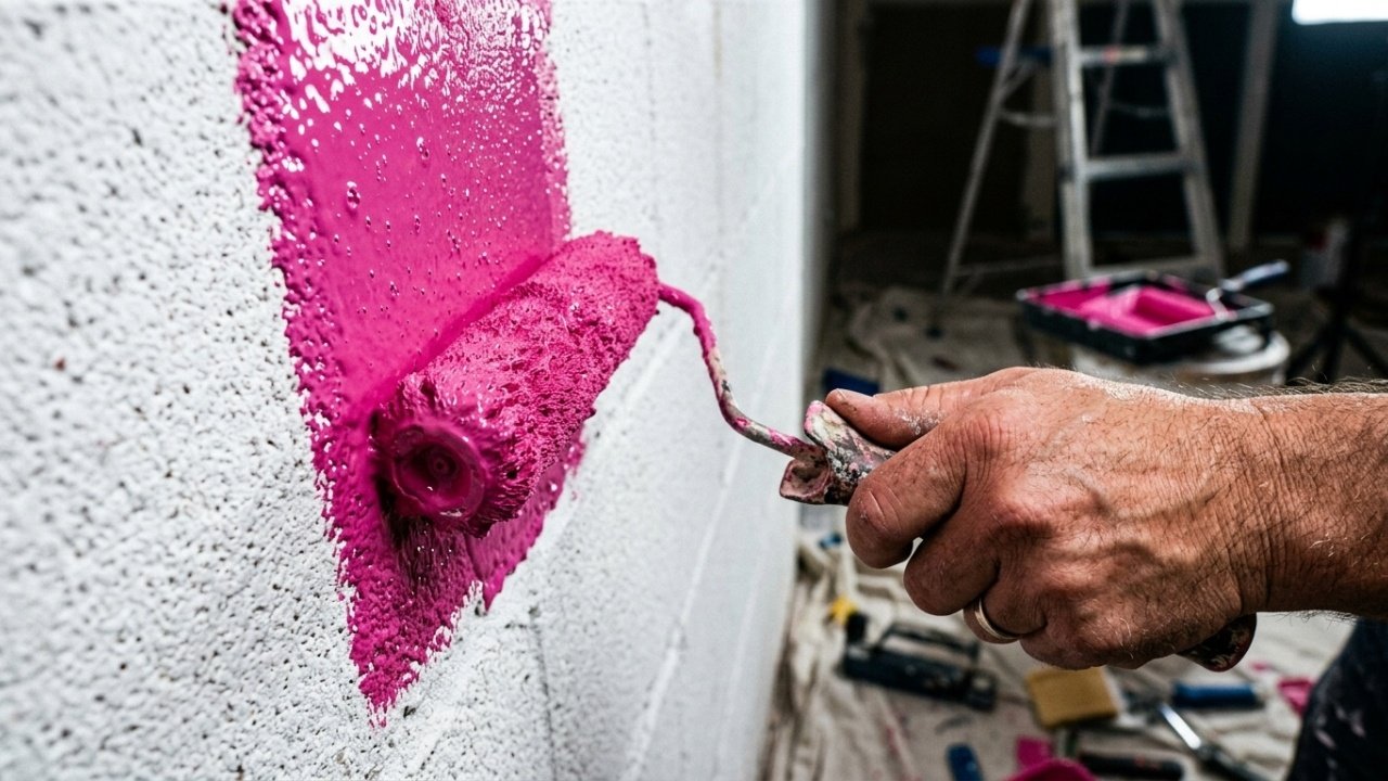 Close macro de rolo de pintura aplicando um tom rosa "pink" elétrico em parede de alvenaria.