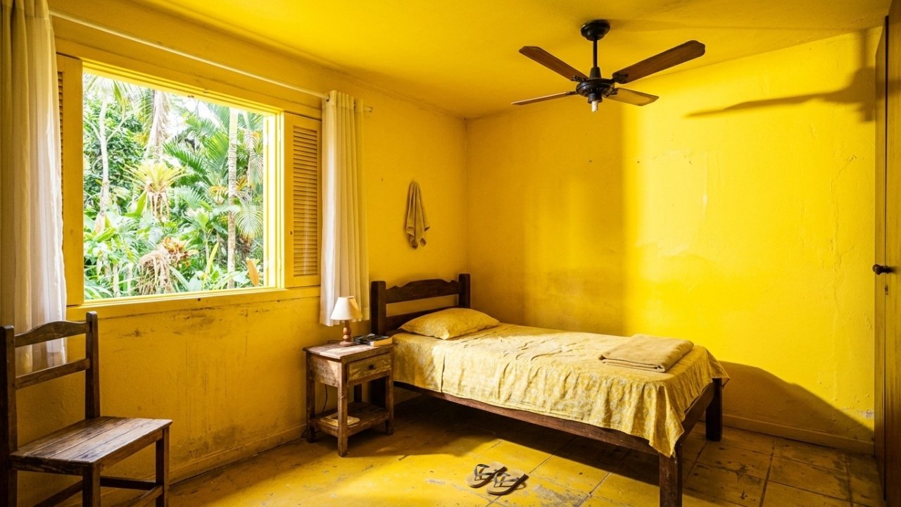 Quarto totalmente amarelo vibrante, transmitindo excesso de energia e calor visual.