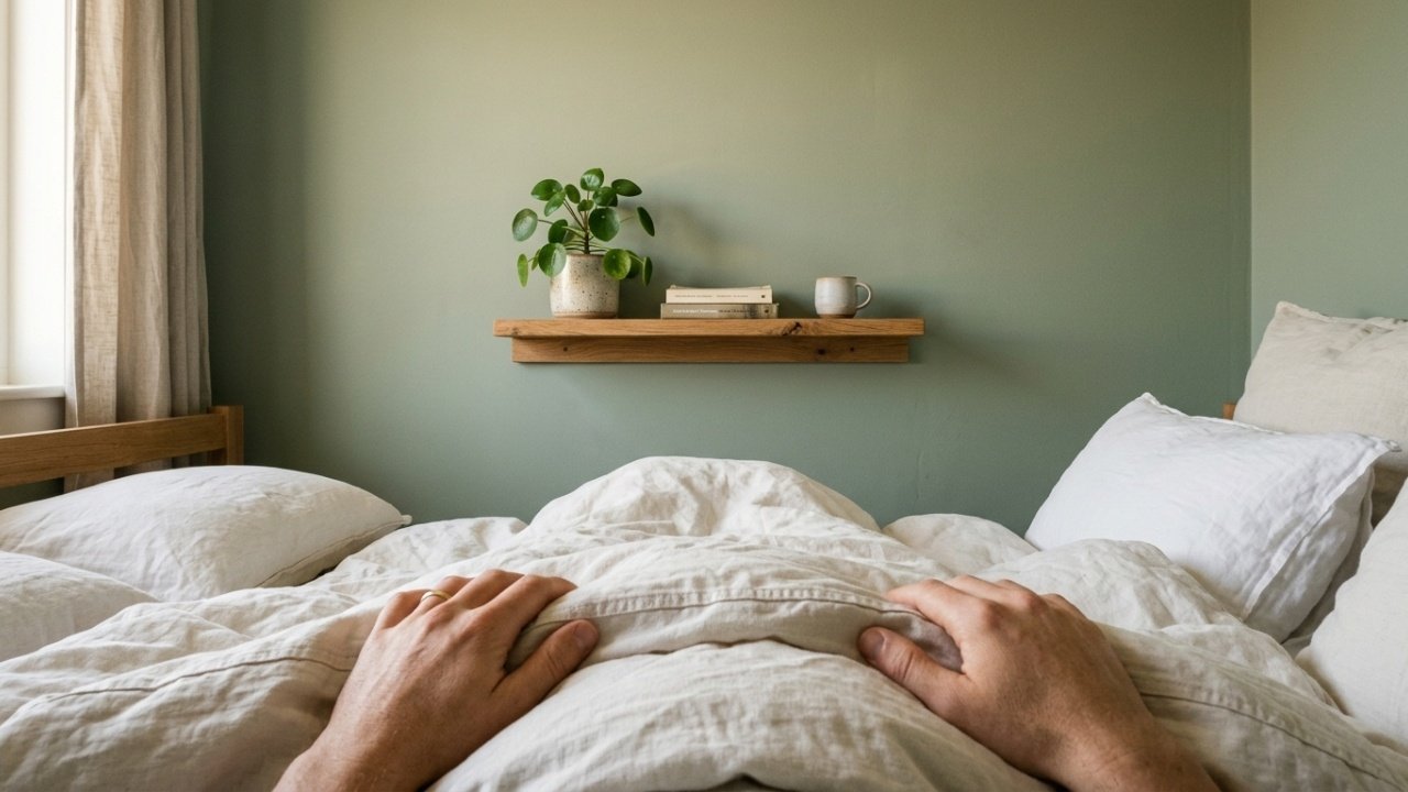 Visão em primeira pessoa de quem relaxa em um quarto com parede Verde Sálvia fosca.