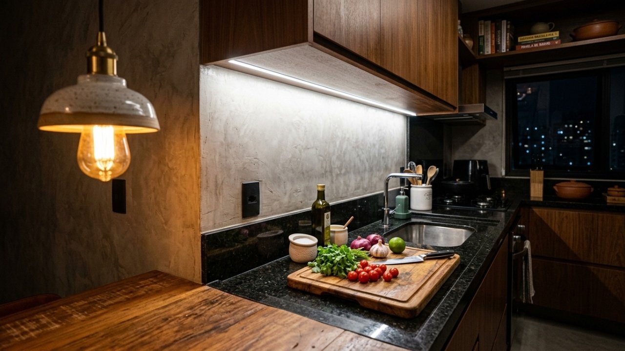 Bancada de cozinha iluminada por fita de LED funcional e pendente decorativo.