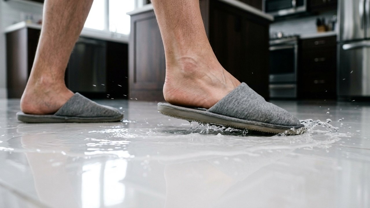 Close macro de pé escorregando em poça d'água sobre piso de porcelanato polido.
