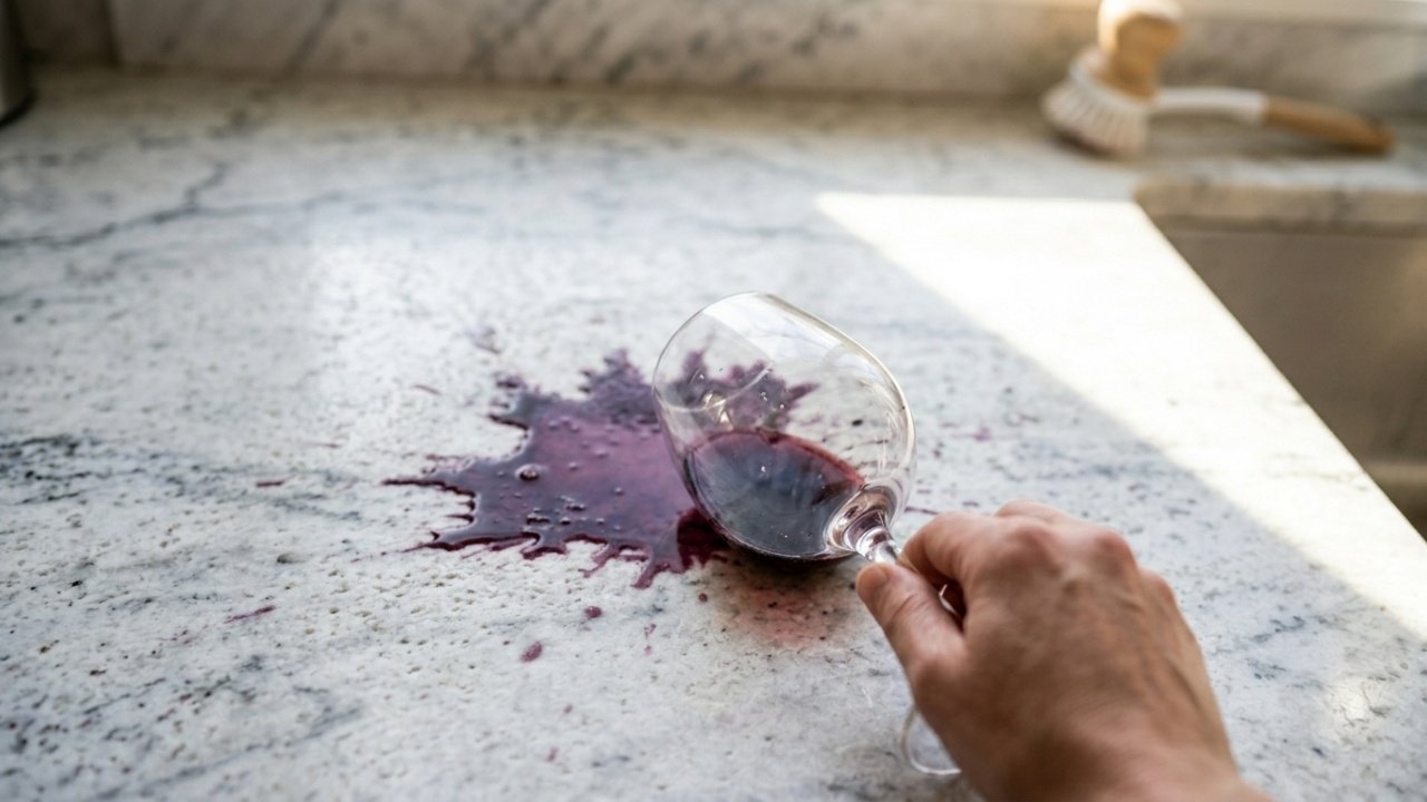 Visão em primeira pessoa de vinho tinto manchando uma bancada de mármore branco.