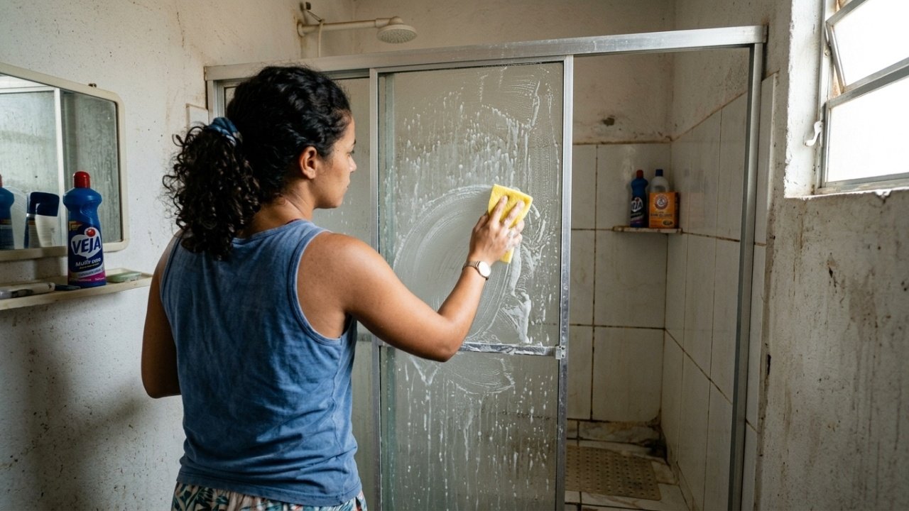Pessoa aplicando a pasta de limpeza no vidro manchado do box.