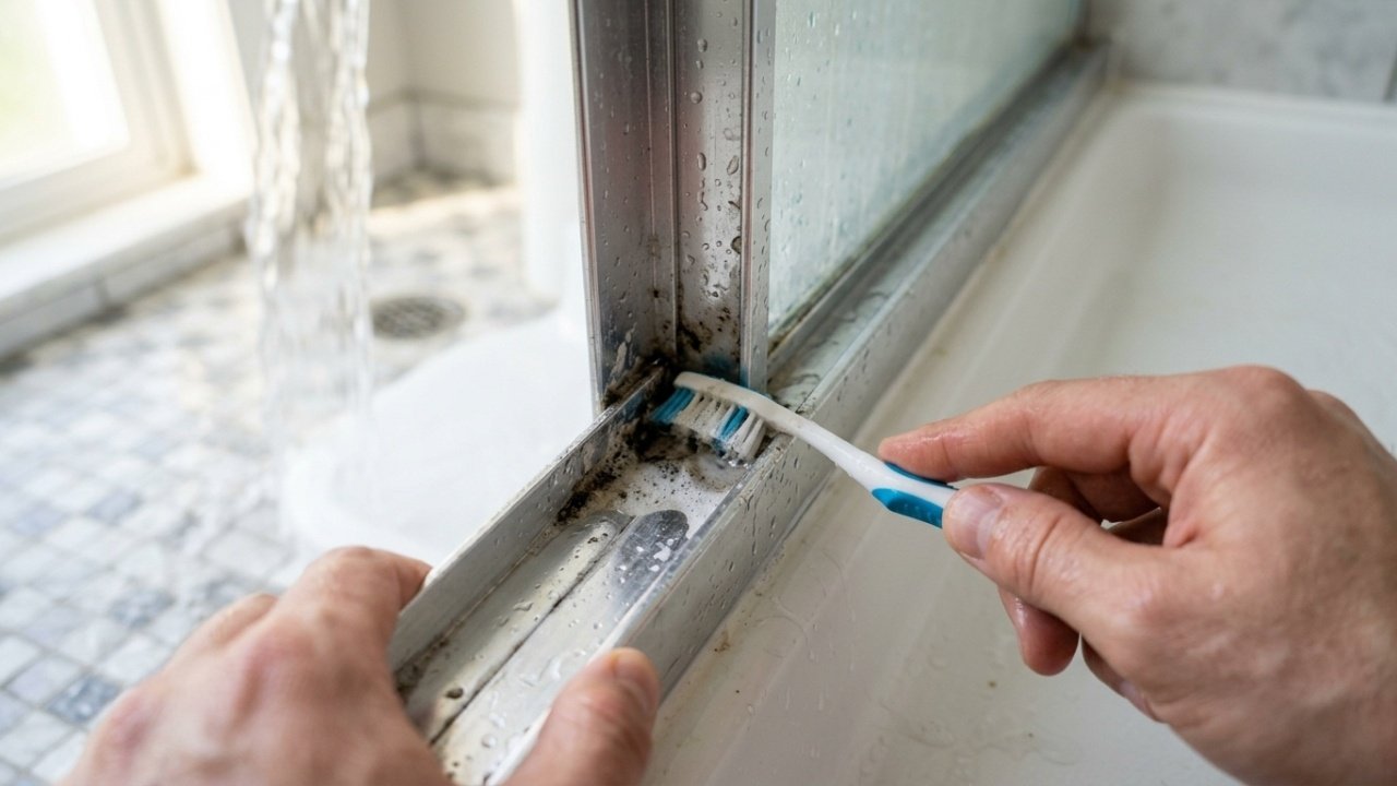 Visão em primeira pessoa esfregando os trilhos do box com uma escova de dentes.