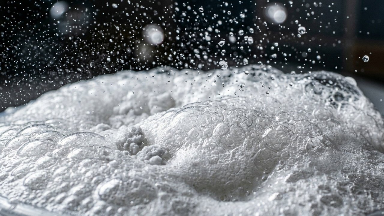 Close macro da reação efervescente criando a espuma de limpeza.