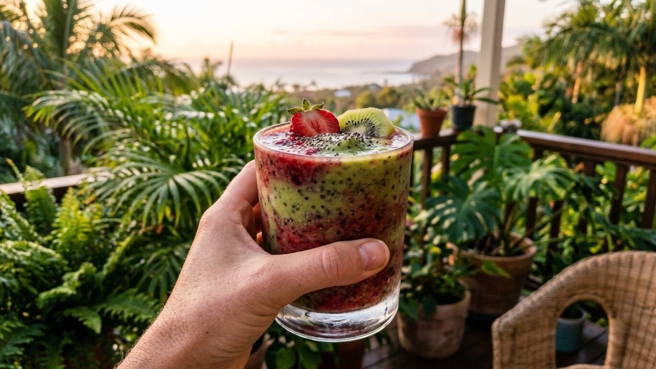 Perspectiva em primeira pessoa segurando suco de morango e chia.