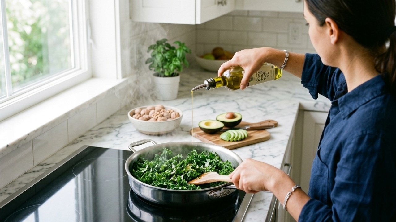 Pessoa refogando couve com azeite de oliva em uma frigideira moderna.