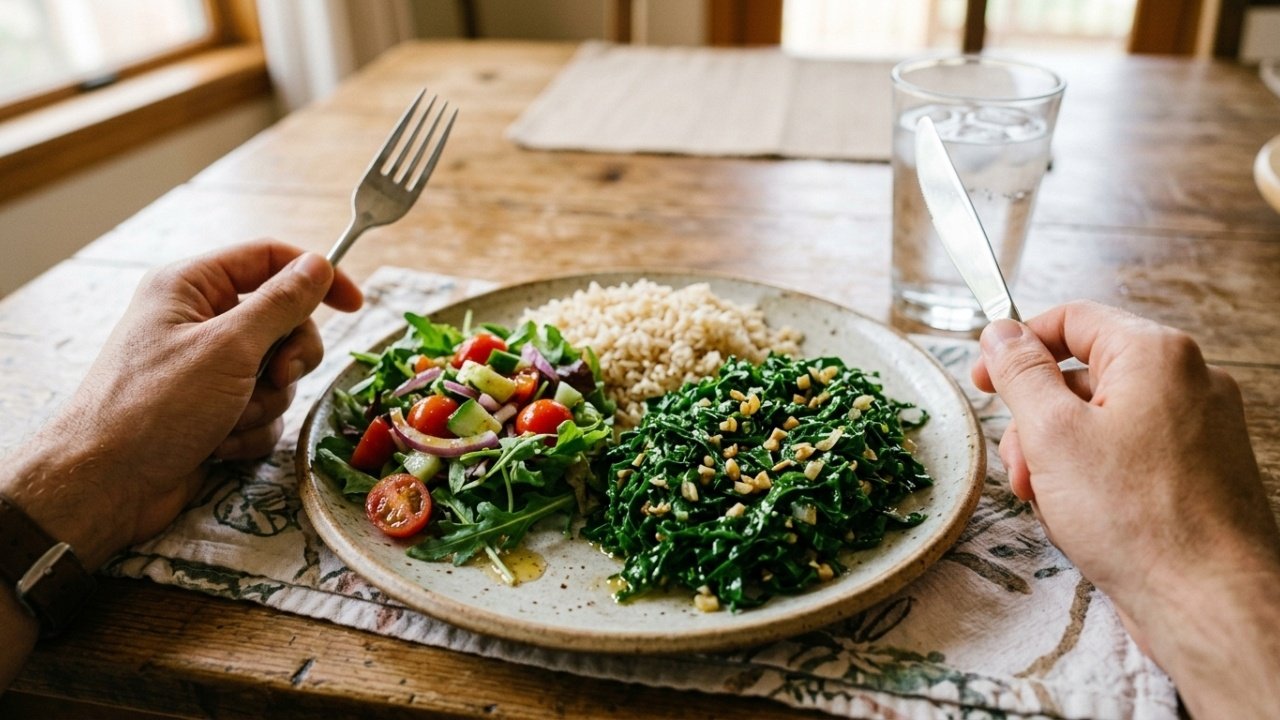 Visão do topo de um prato saudável com couve refogada e arroz.