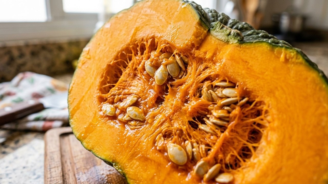 Close macro na polpa alaranjada e úmida da abóbora Cabotiá bruta.