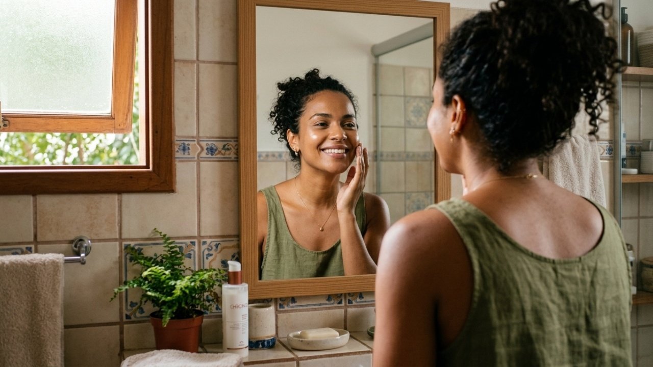 Mulher brasileira sorrindo e tocando a pele renovada e iluminada no espelho.