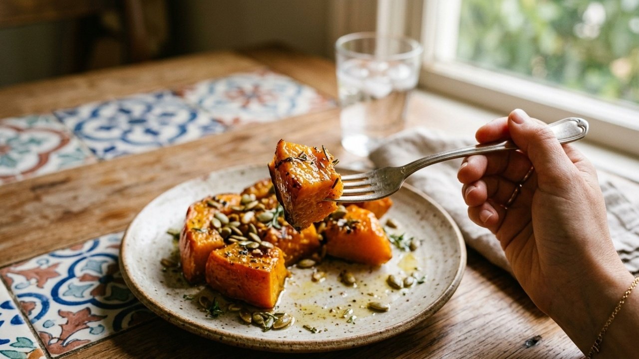 Visão em primeira pessoa garfando um pedaço assado de abóbora brilhando com azeite.