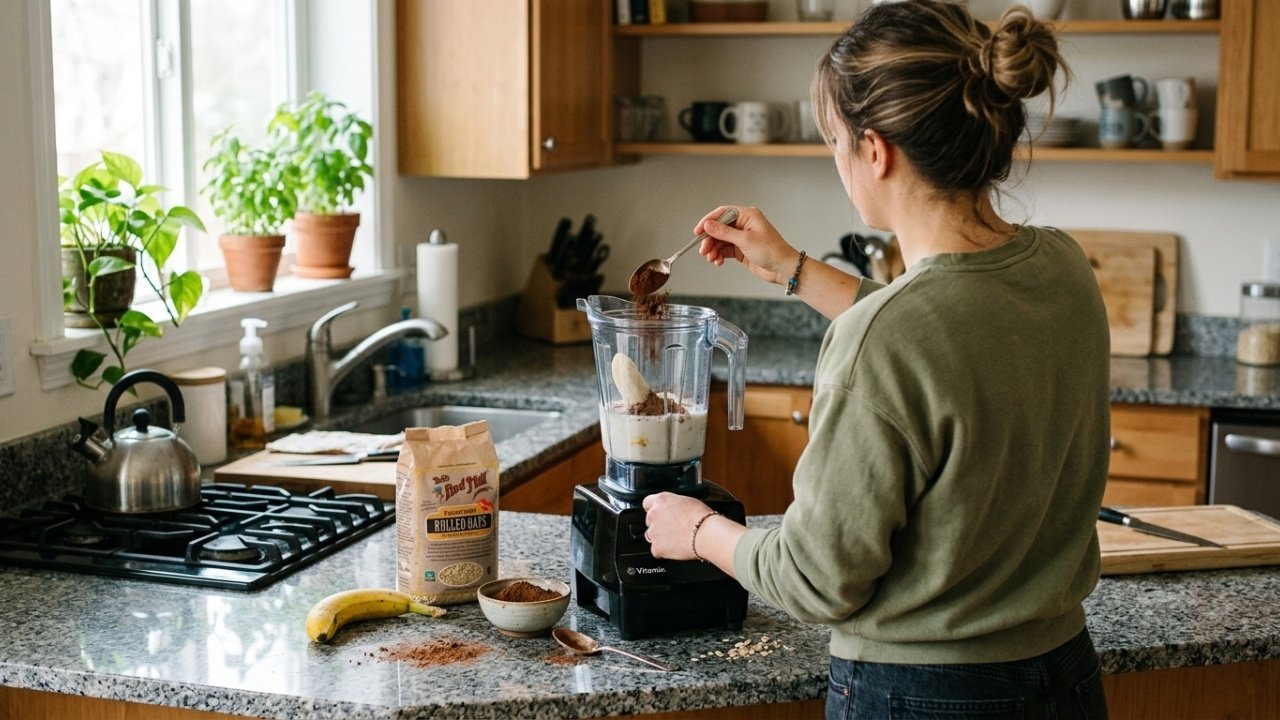 Pessoa adicionando cacau em pó ao liquidificador com ingredientes próximos.