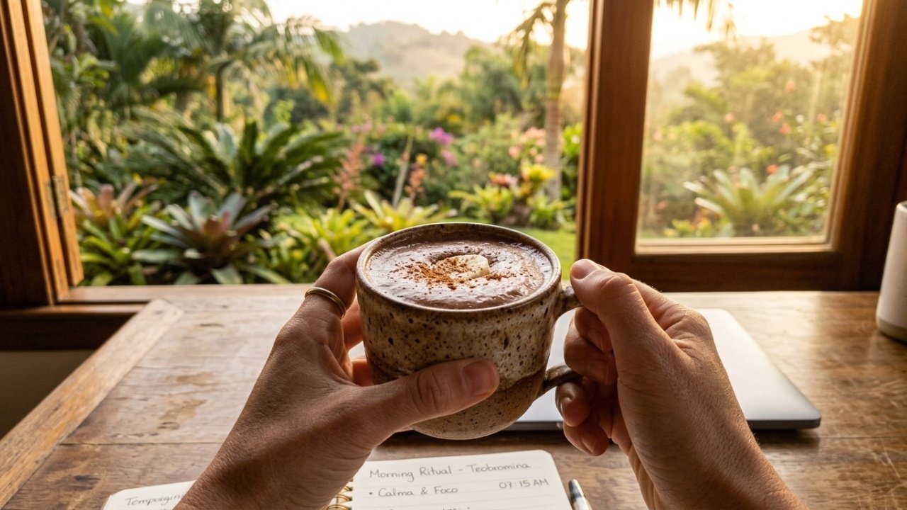 Visão em primeira pessoa segurando caneca rústica com vitamina de cacau.