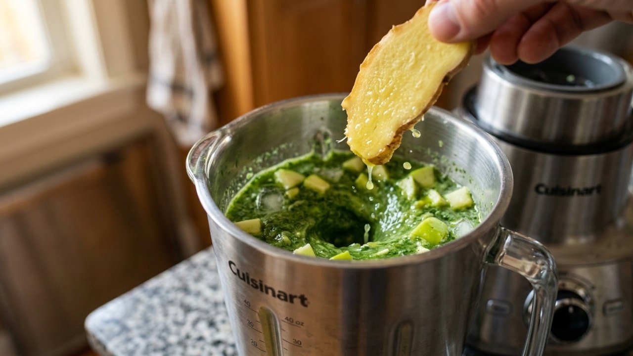 Macro detalhado de gengibre sendo adicionado à vitamina no liquidificador.