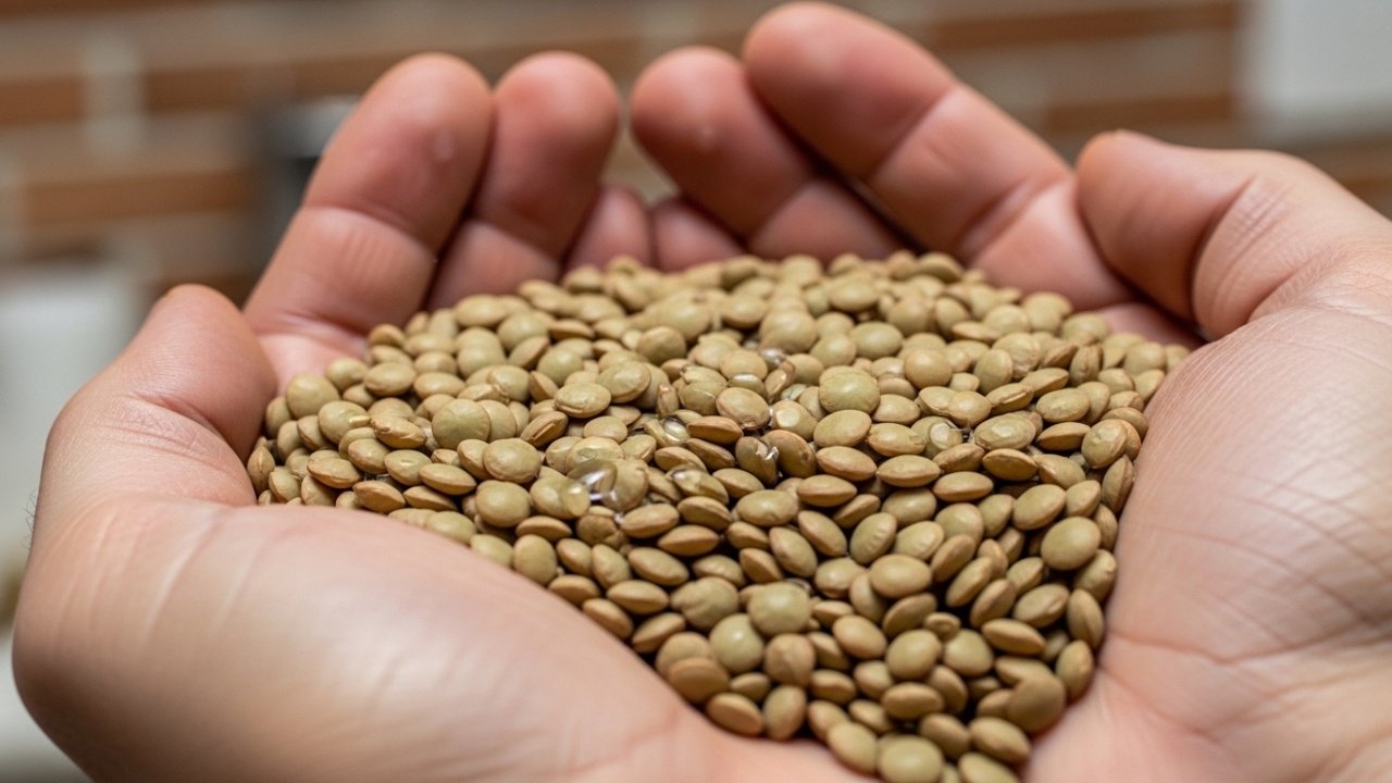 Detalhe macro de lentilhas secas em mãos rústicas.