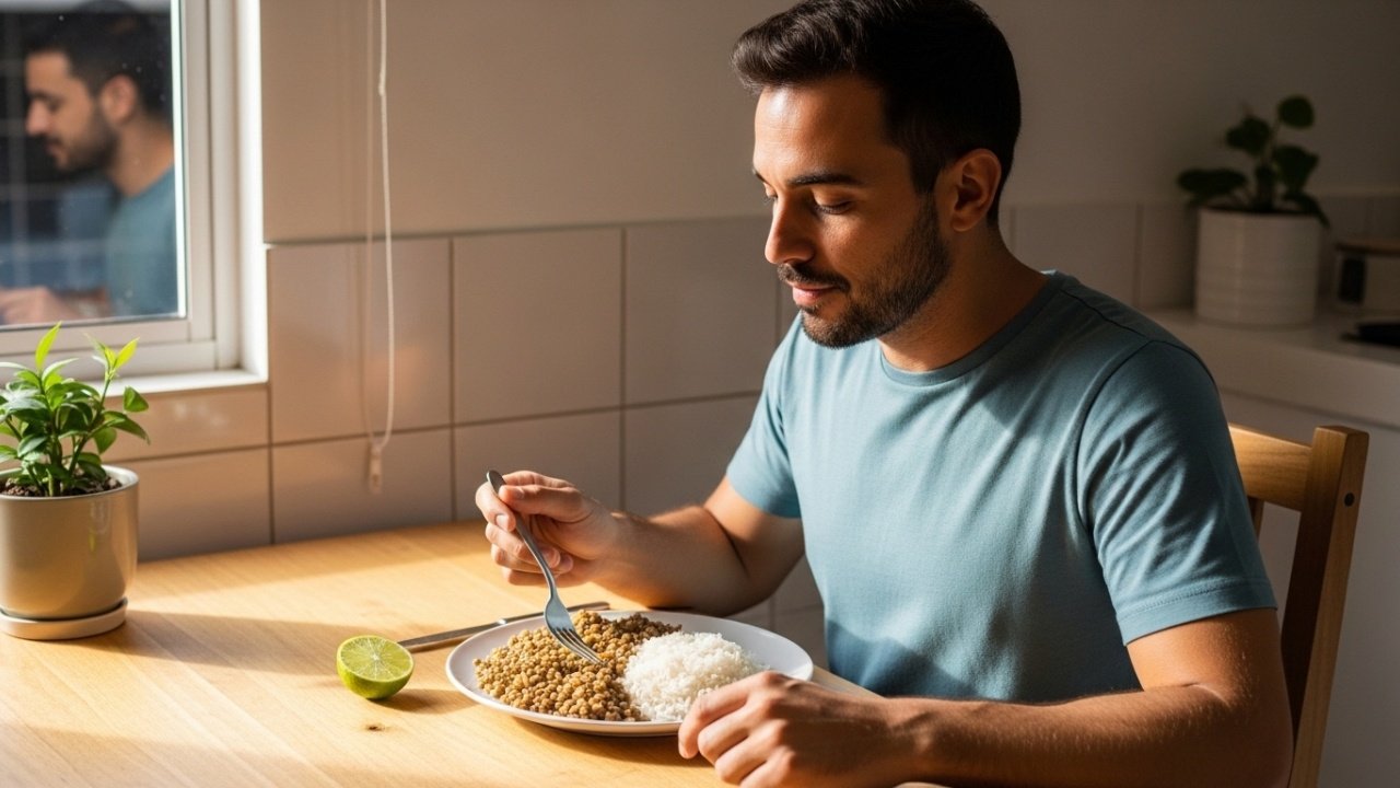 Homem em momento de refeição saudável em cozinha iluminada.