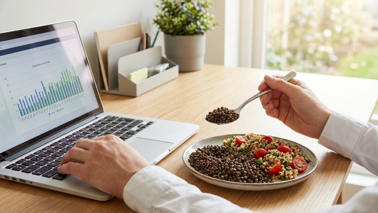 Visão em primeira pessoa comendo lentilha durante o trabalho.