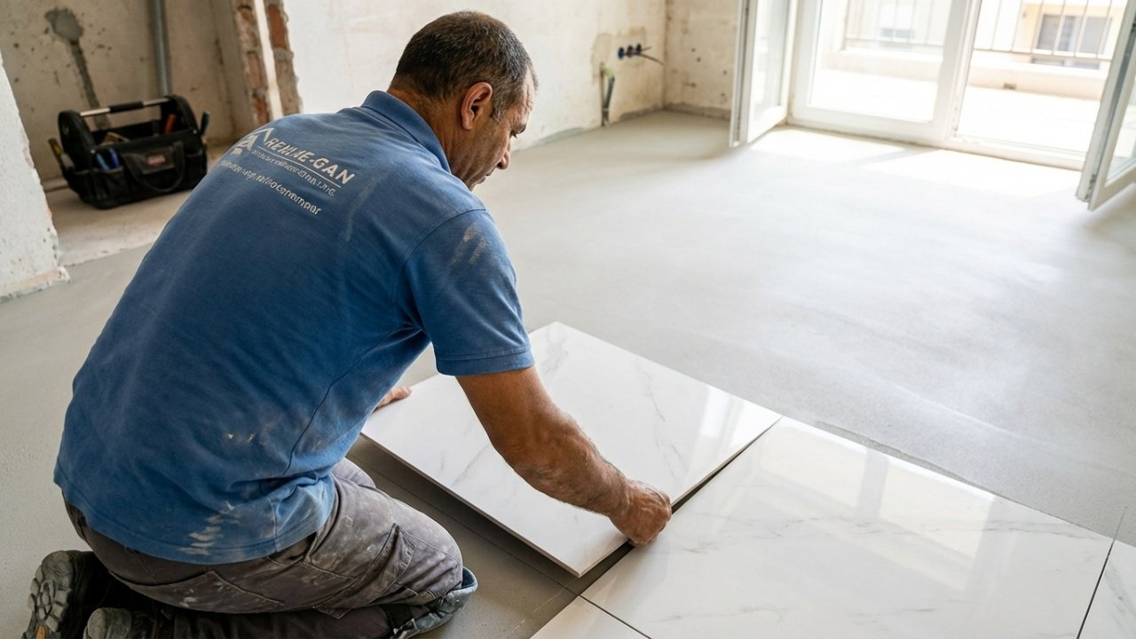 Profissional assentando porcelanato grande sobre base de cimento nivelada.