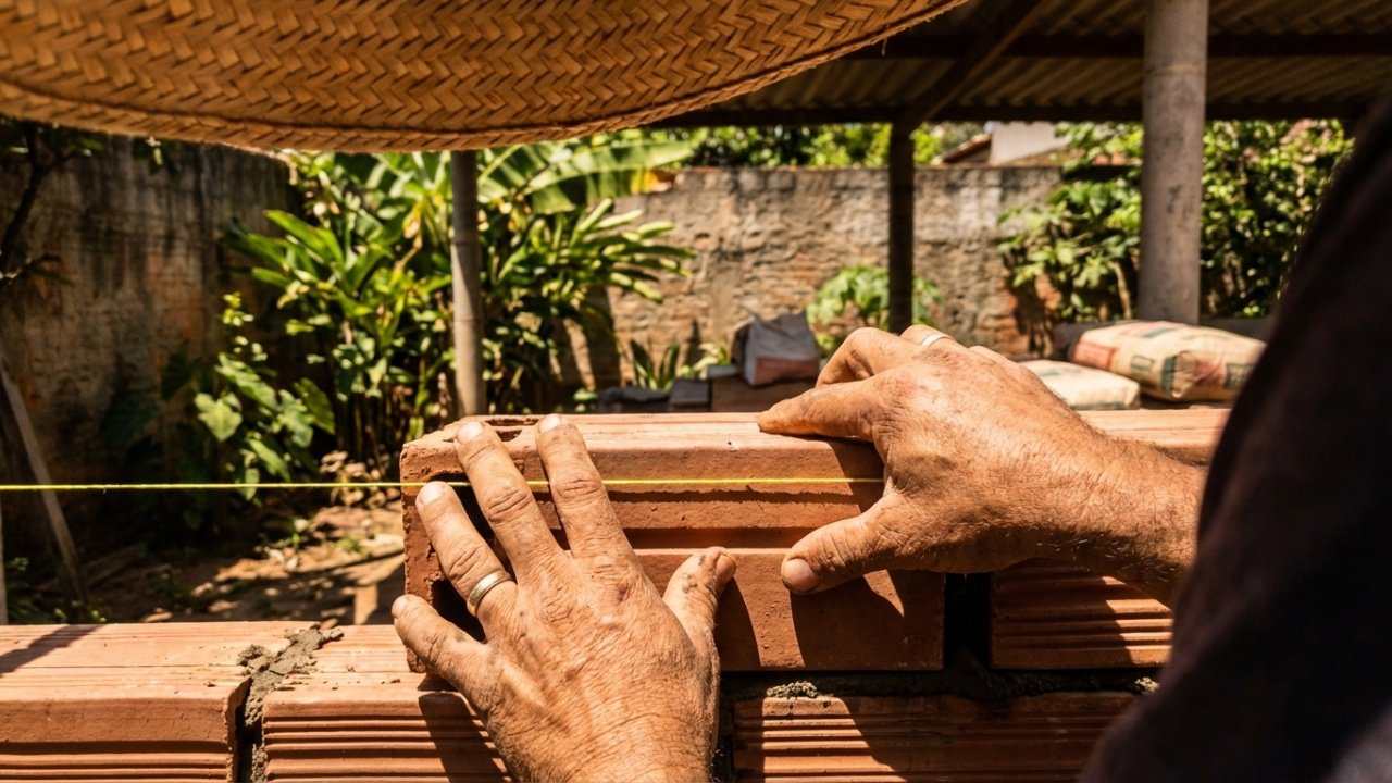 Visão em primeira pessoa alinhando tijolo ecológico em obra limpa.