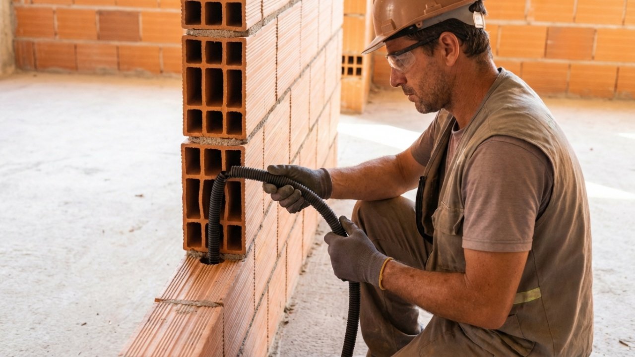Construtor passando conduíte elétrico por dentro dos furos do tijolo.