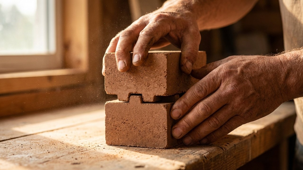 Mãos encaixando tijolo modular com precisão milimétrica sem massa.