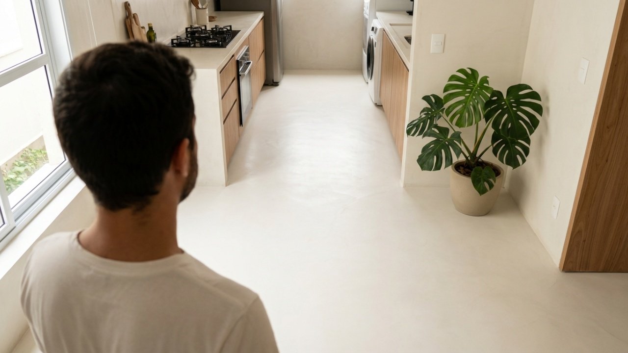 Cozinha moderna com piso contínuo e sem juntas facilitando a limpeza.