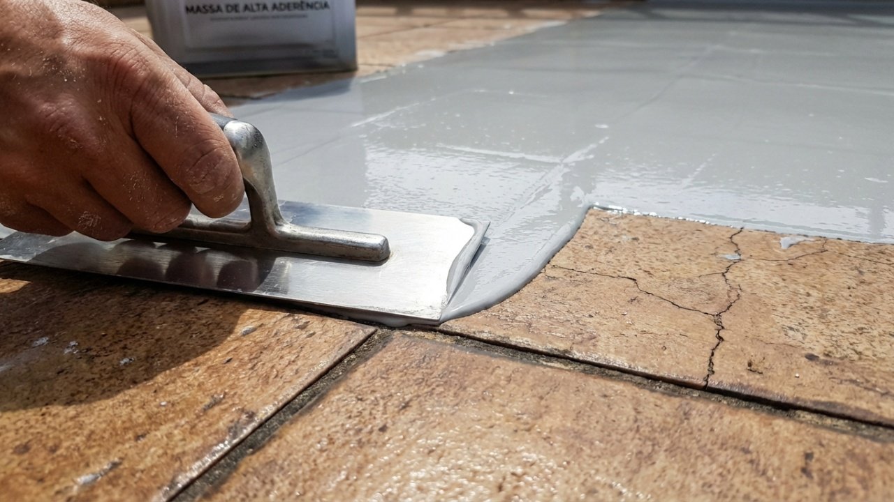 Close detalhado da massa de microcimento cobrindo azulejos antigos.