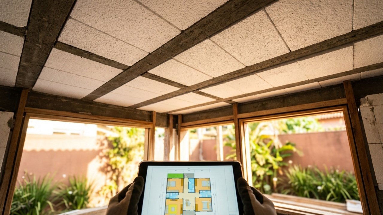 Visão em primeira pessoa olhando para o teto térmico de isopor.