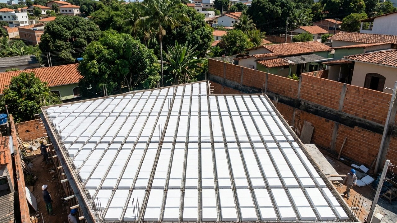 Vista ampla de laje de isopor montada em canteiro de obras limpo.