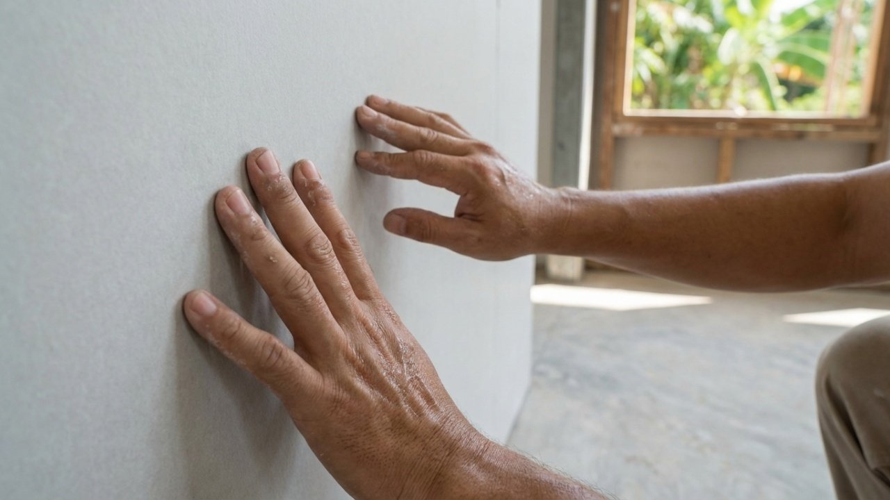 Visão em primeira pessoa tocando a placa em obra limpa e sem entulho.