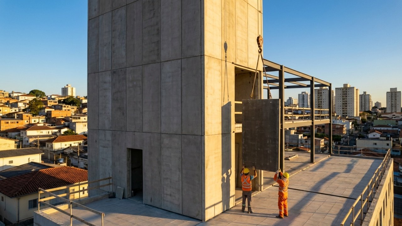 Operários instalando painéis cimentícios em prédio sob luz do pôr do sol.