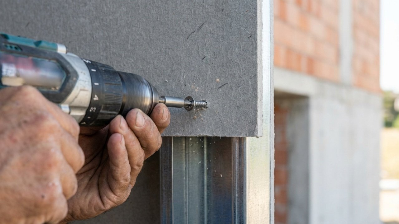 Mão de profissional parafusando placa cimentícia em estrutura de aço.