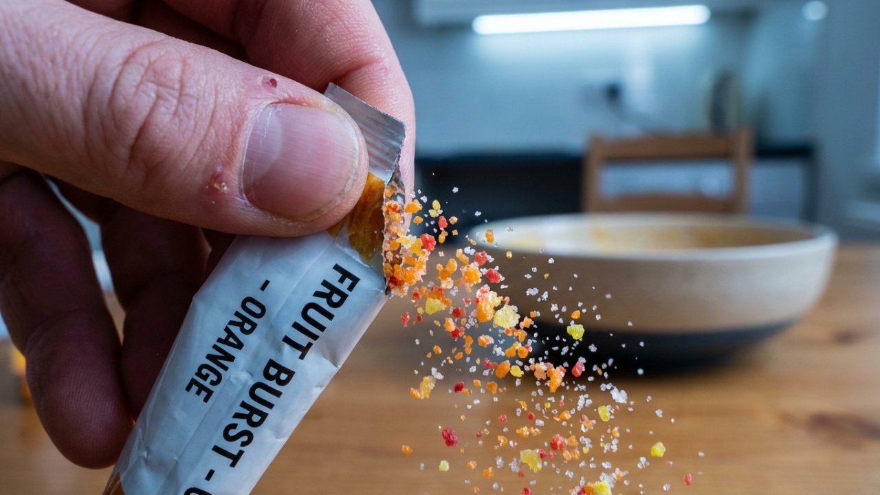 Detalhe macro do pó químico saindo de um envelope aberto.