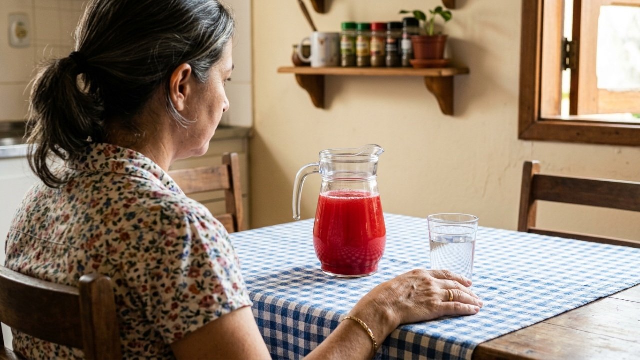 Pessoa observando jarra de suco artificial em mesa de jantar.