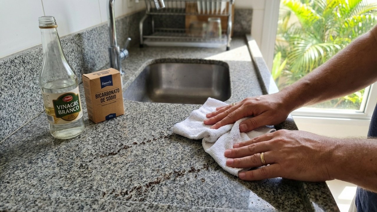 Visão em primeira pessoa limpando a pia com pano e vinagre.