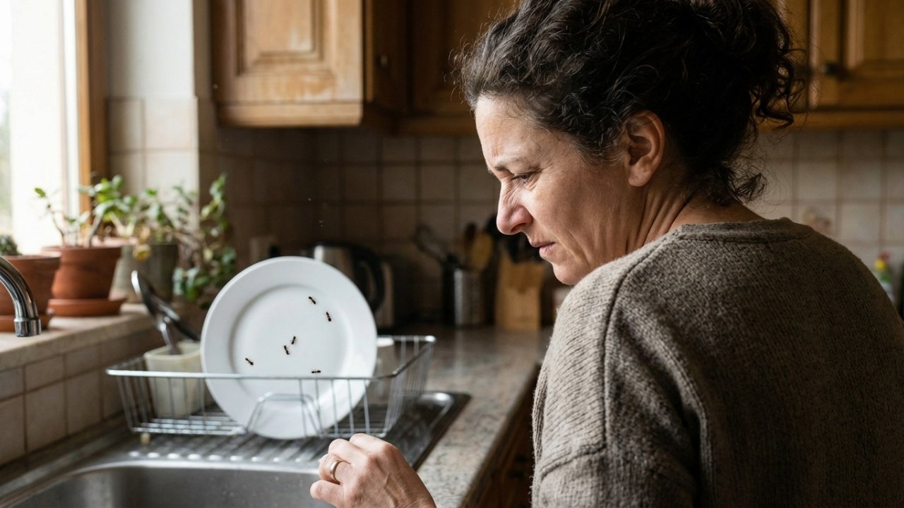 Mulher observando formigas em prato limpo no escorredor.