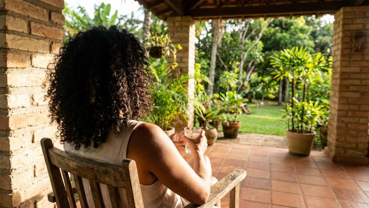 Mulher expondo os braços ao sol em uma varanda ensolarada.